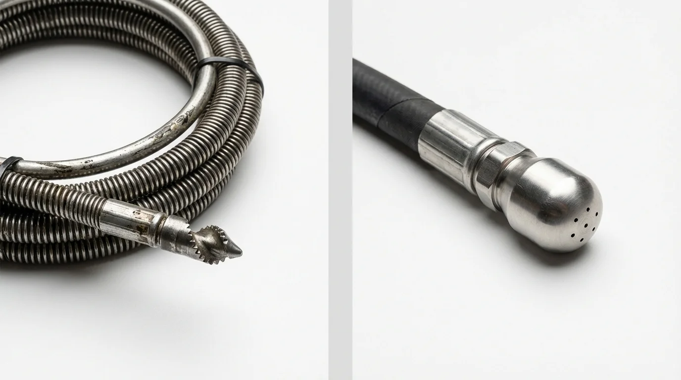 Drain snake cable and hydro jetting nozzle used for drain cleaning in Lexington, MA