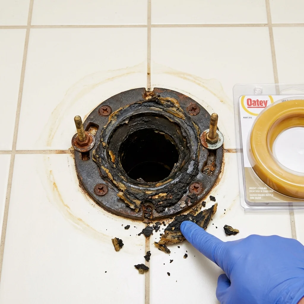 Failed wax ring showing water seepage at the base of a toilet in a Lexington, MA home