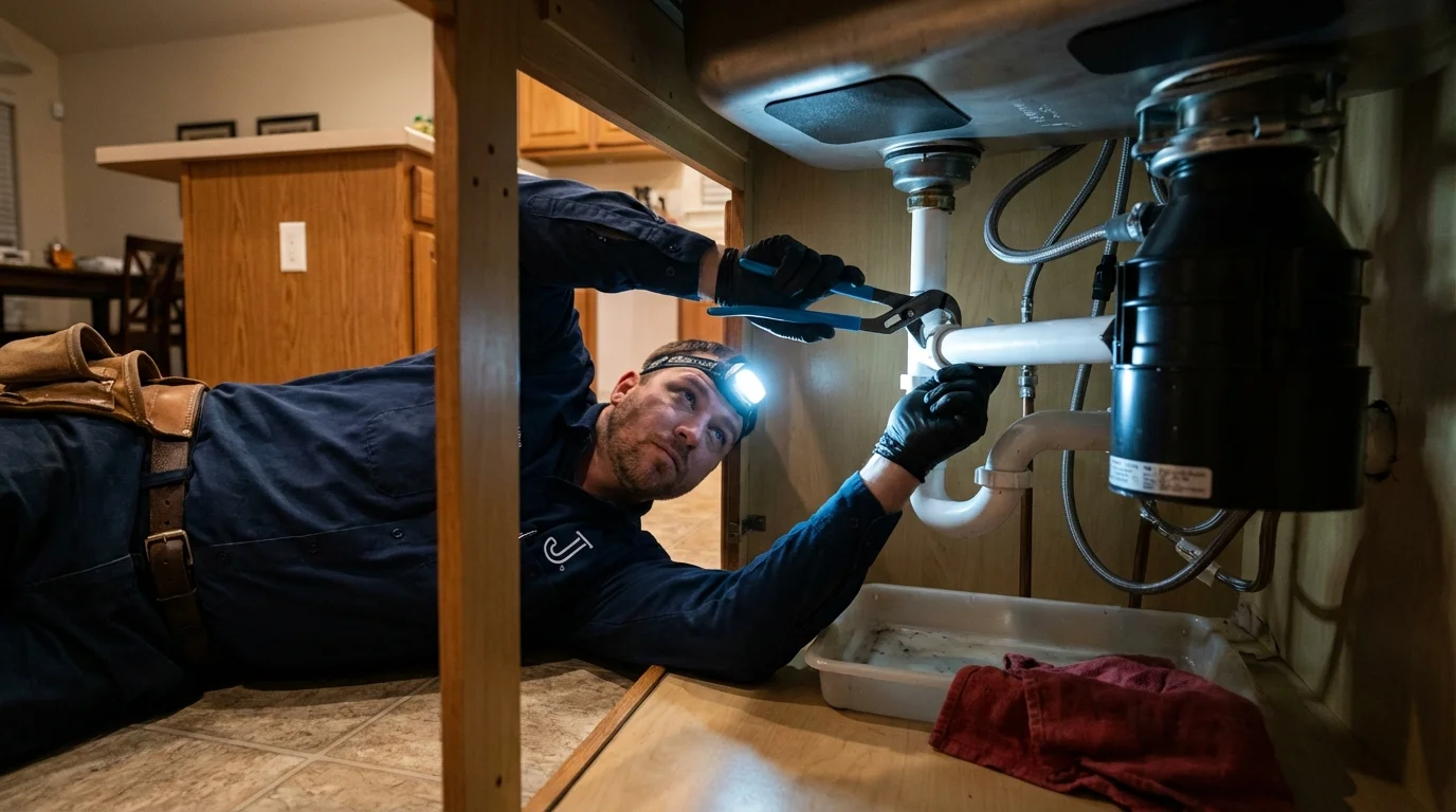 P-trap and supply line connections under a kitchen sink showing a common leak point in Lexington, MA